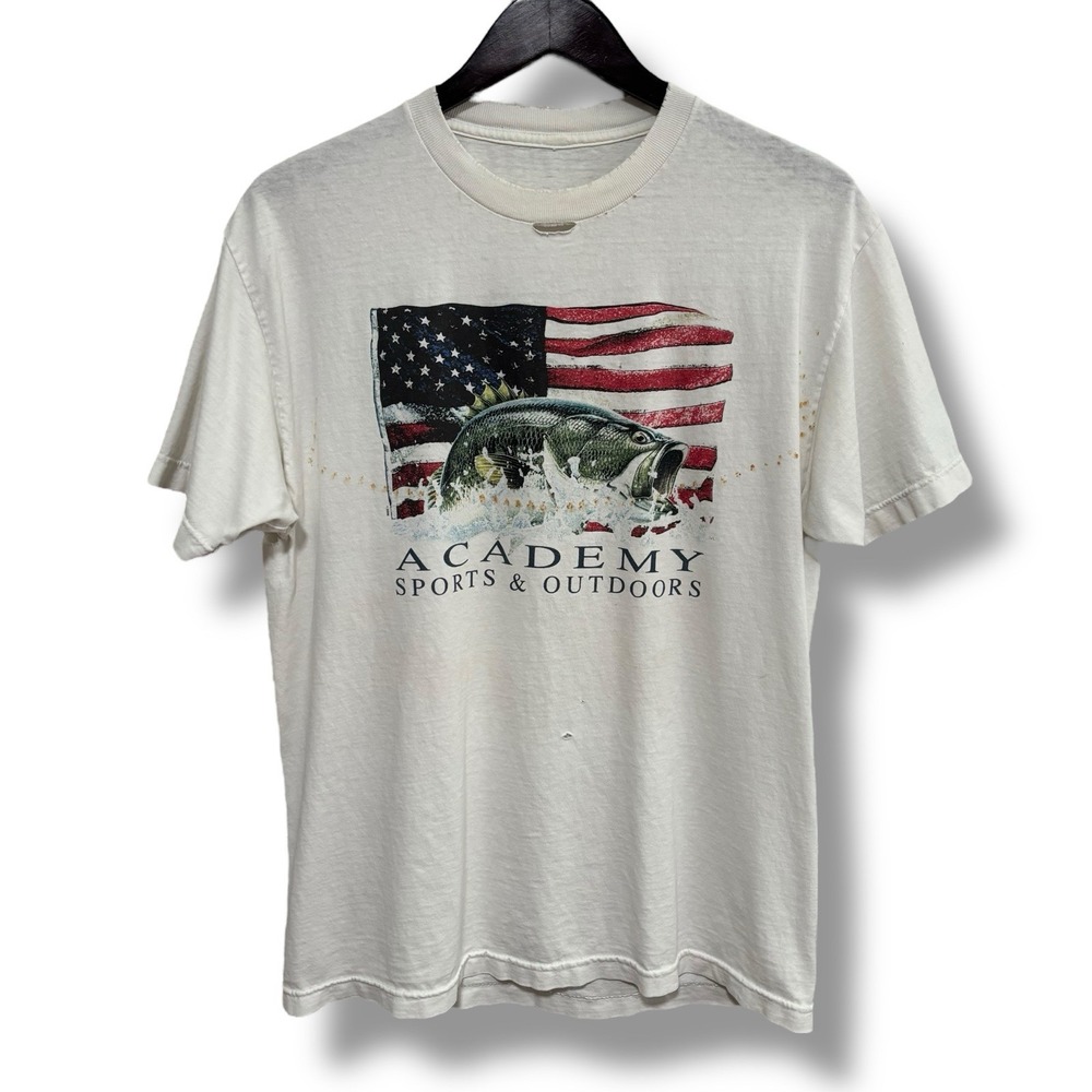 Vintage Academy Sports and Outdoors Men's Distressed Stained‎ Bass Fish Shirt M